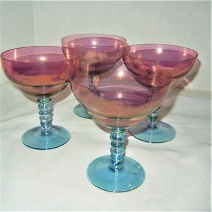 4 Vintage Stemmed Compote Goblet Fruit Wine Glasses 6"T Purple Blue Iridescent